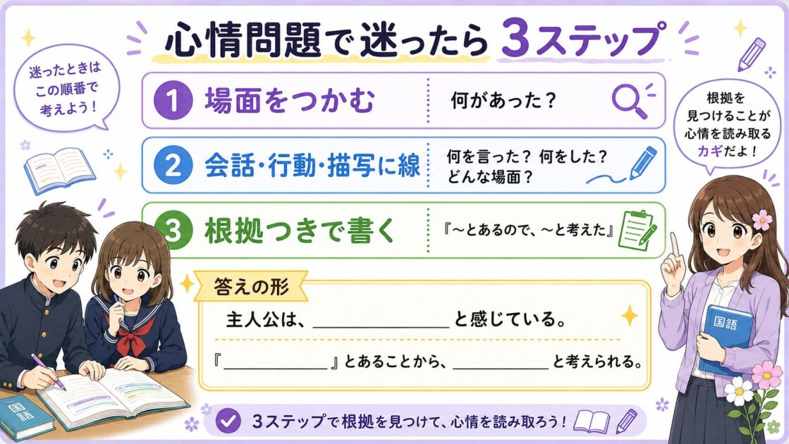 物語文の心情問題で迷ったときに場面確認・手がかり探し・根拠つきで書くの3ステップをまとめた保存用シート