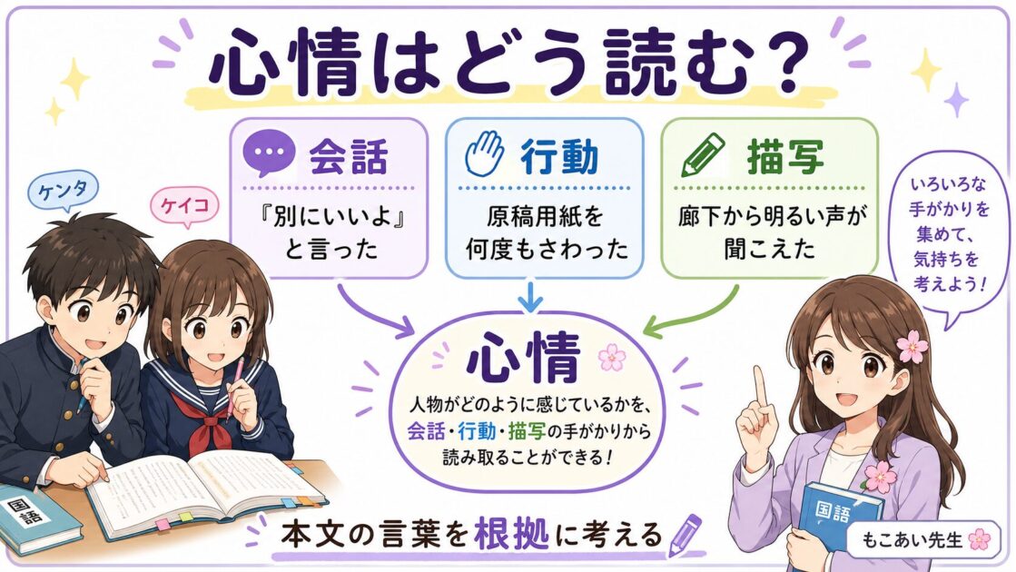 物語文の心情を会話・行動・描写の3つの手がかりから読む方法を示した中学生向け図解