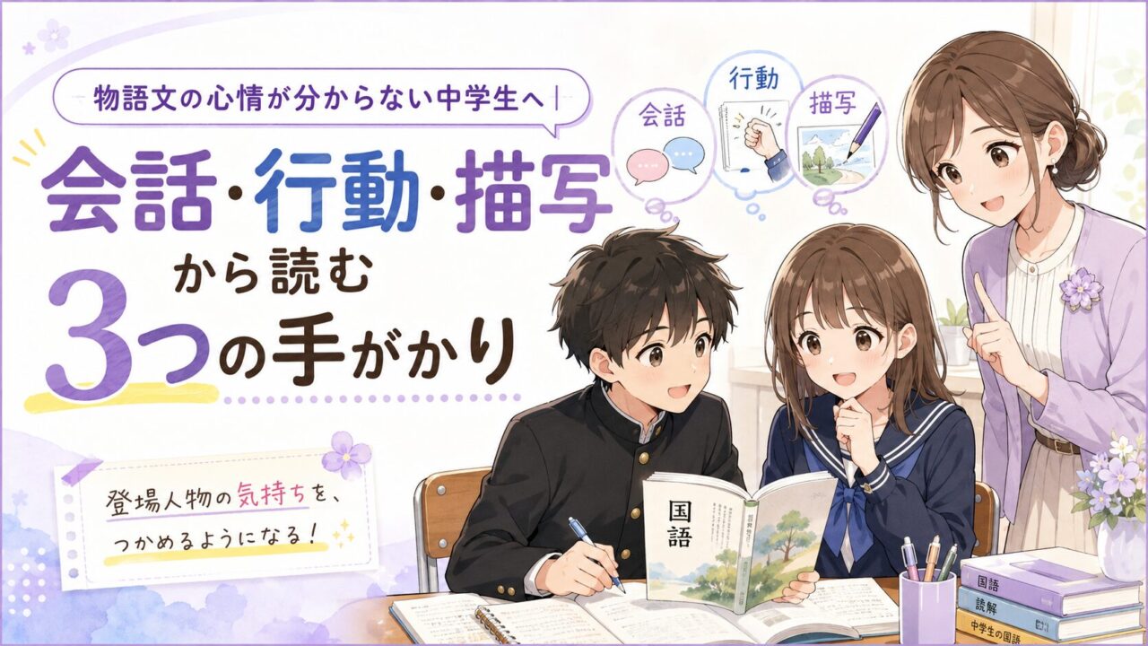 物語文の心情を会話・行動・描写の3つの手がかりから読む方法を紹介する中学生向け国語記事のアイキャッチ画像