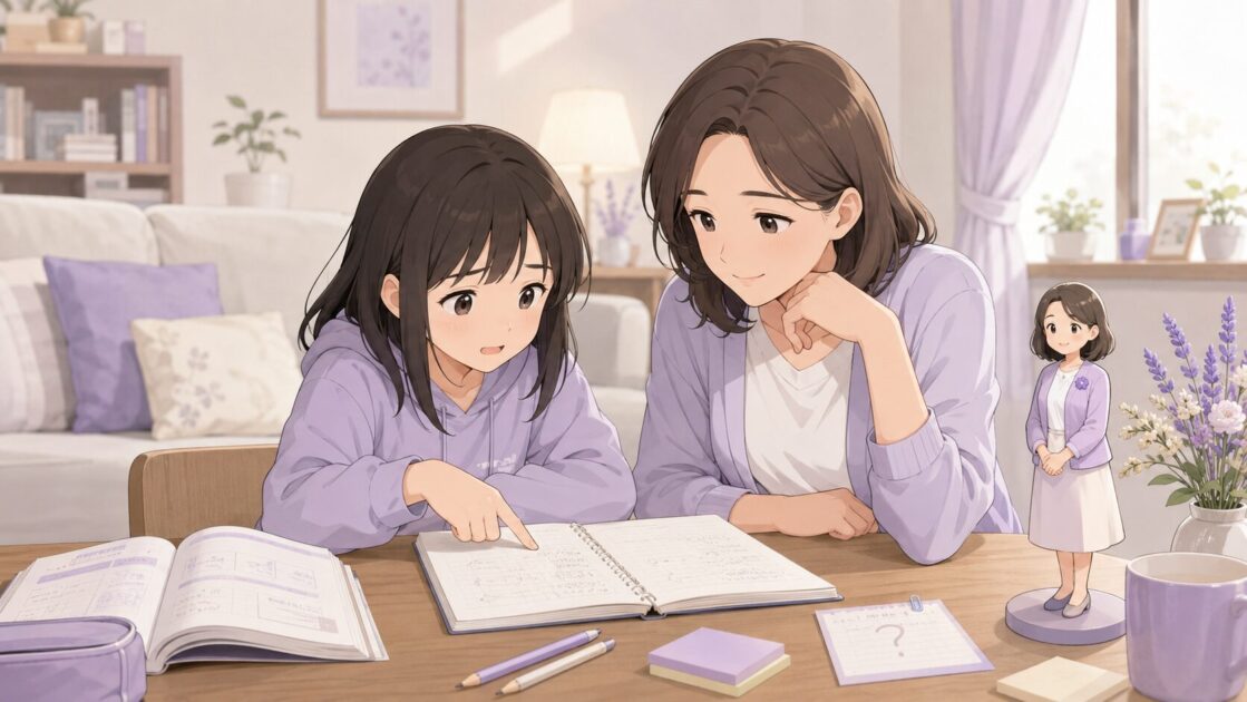 保護者がお子さんにやさしく質問しながら止まっている場所を一緒に探す場面
