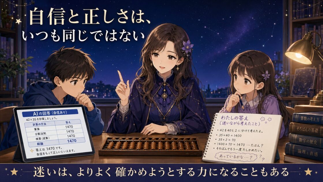 クエーサー先生が健太と恵子に、自信と正しさはいつも同じではないと語る場面
