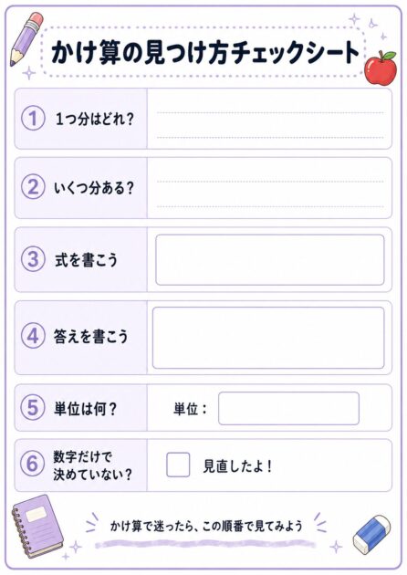 かけ算の1つ分といくつ分を見つけて式と答えを書くためのA4印刷用チェックシート