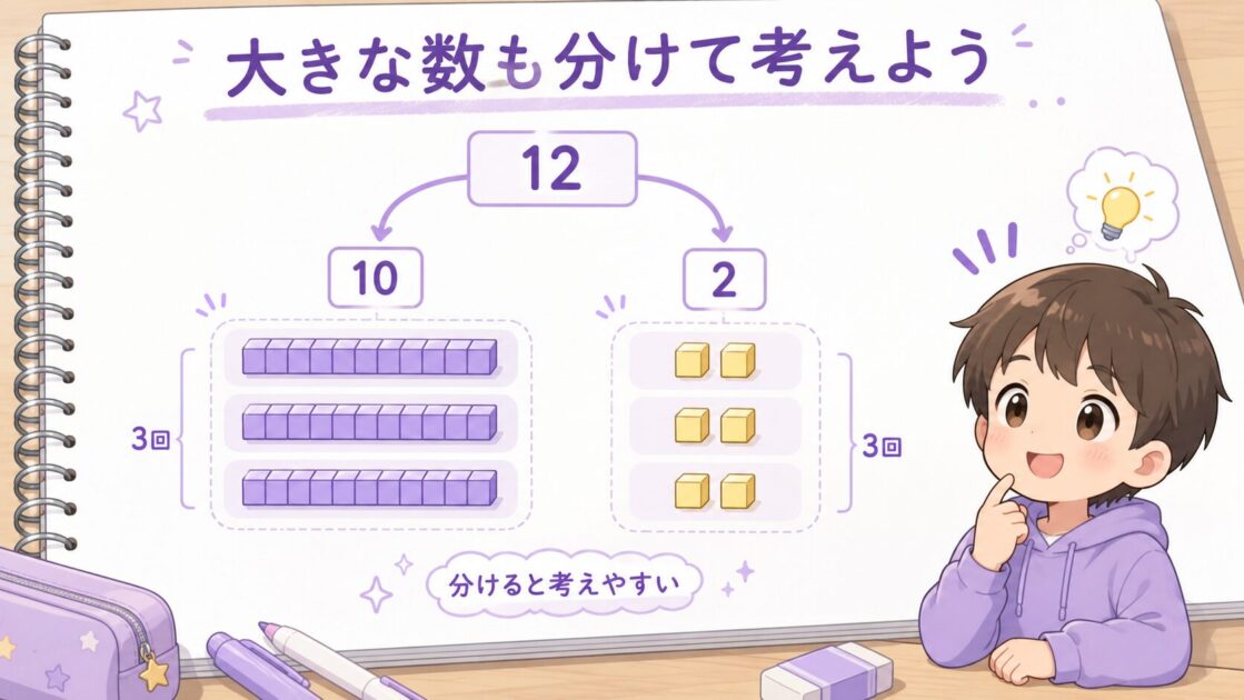 12を10と2に分けてかけ算を考える筆算への橋渡し図