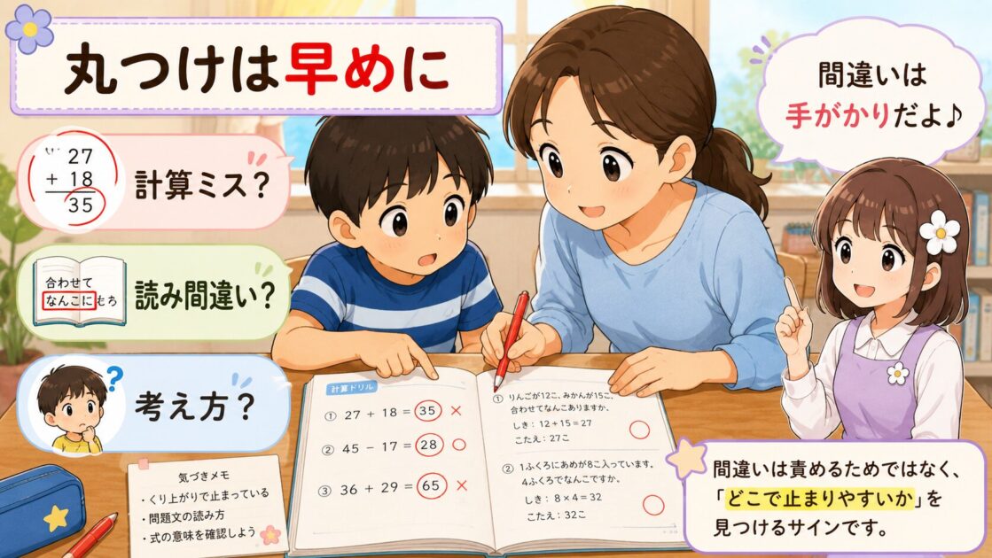 夏休みのドリルの丸つけで間違いを早めに見つける様子を示した図