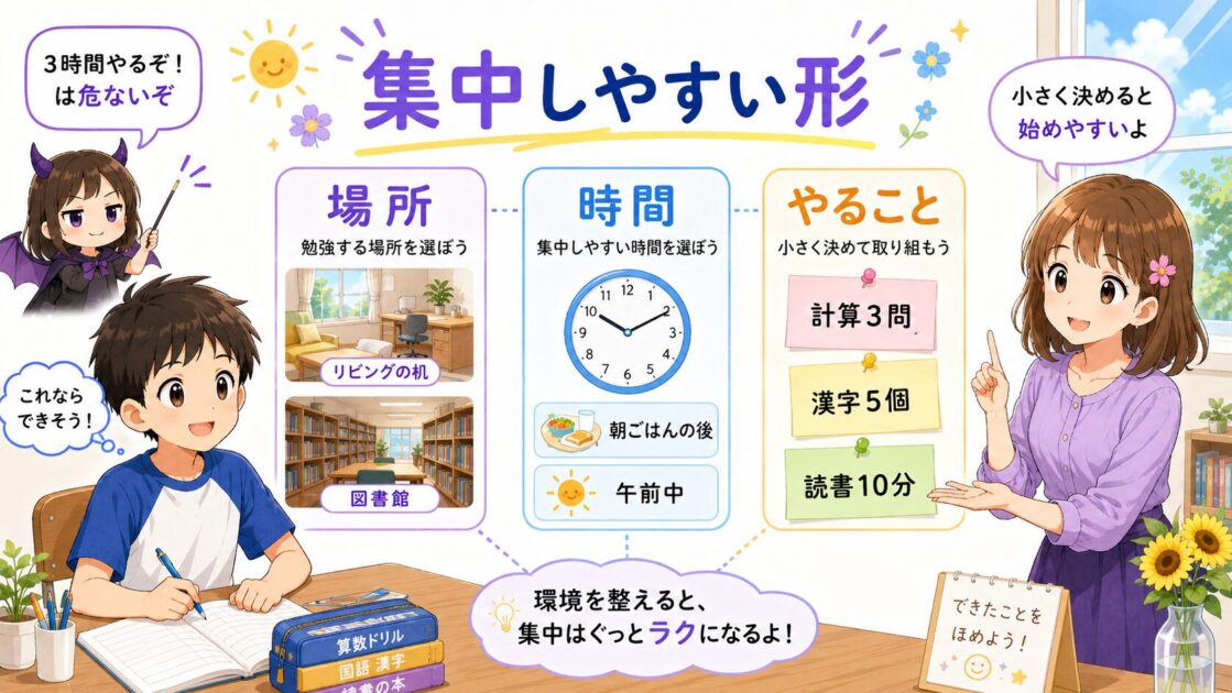夏休みの勉強で場所・時間・やることを小さく決めて集中しやすくする図