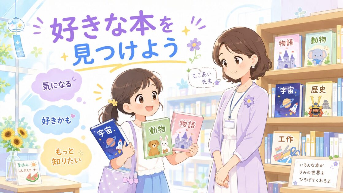 夏休みに図書館で好きな本を探しながら興味を見つける小学生の図