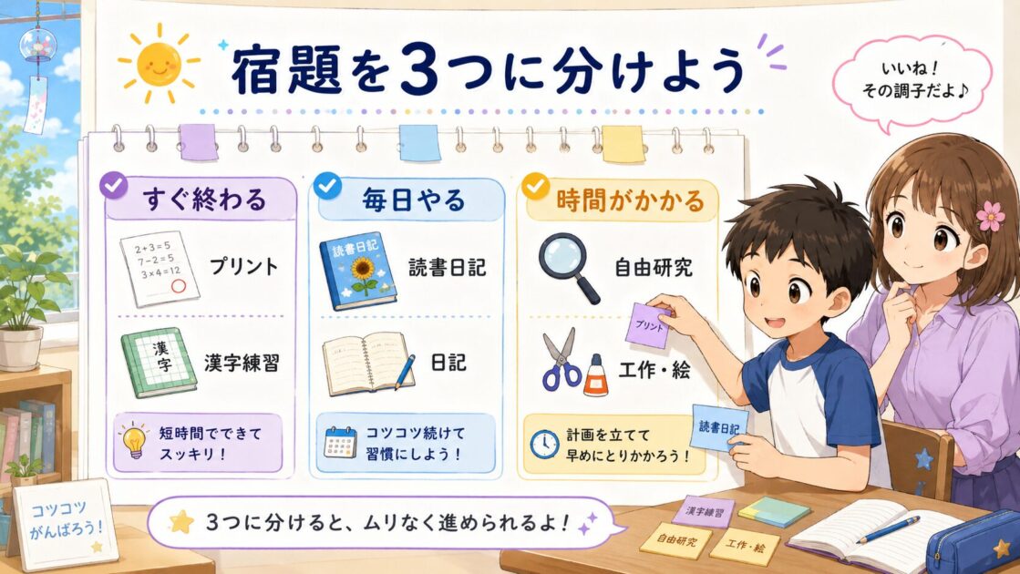 夏休みの宿題をすぐ終わる宿題・毎日やる宿題・時間がかかる宿題に分けた図