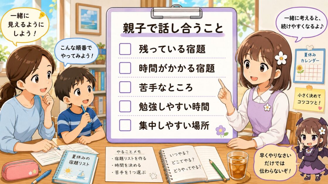 夏休みの勉強について保護者と子どもが話し合う内容をまとめたチェックシート