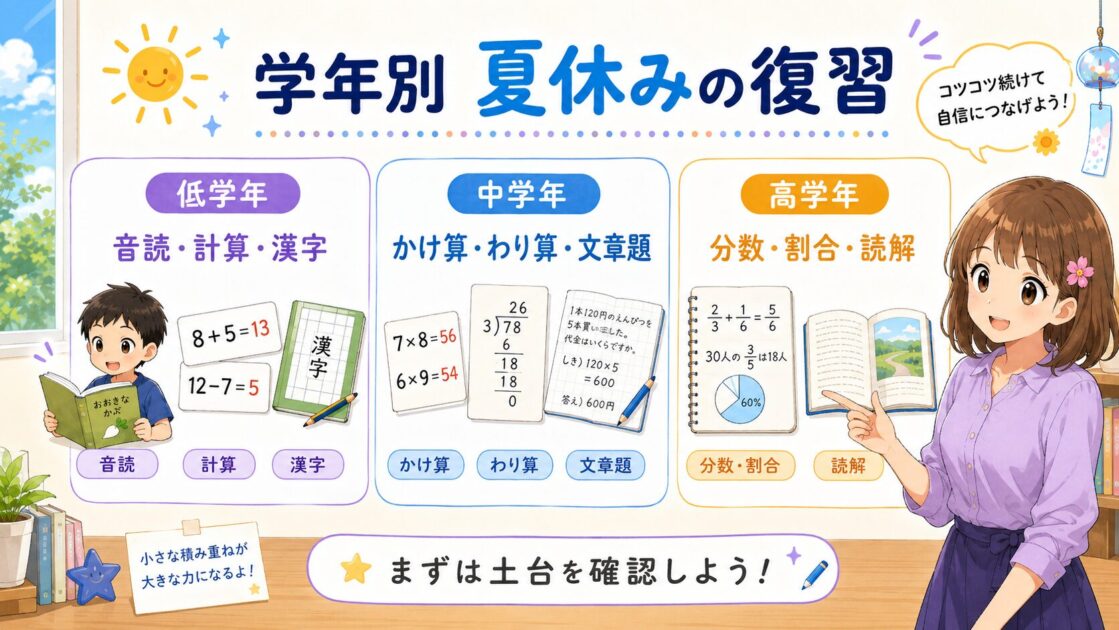 小学生の夏休みに低学年・中学年・高学年で優先したい勉強を整理した図