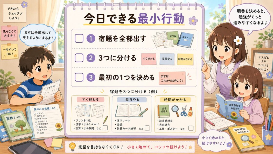 夏休みの勉強で今日できる最小行動として宿題を3つに分けるチェックシート