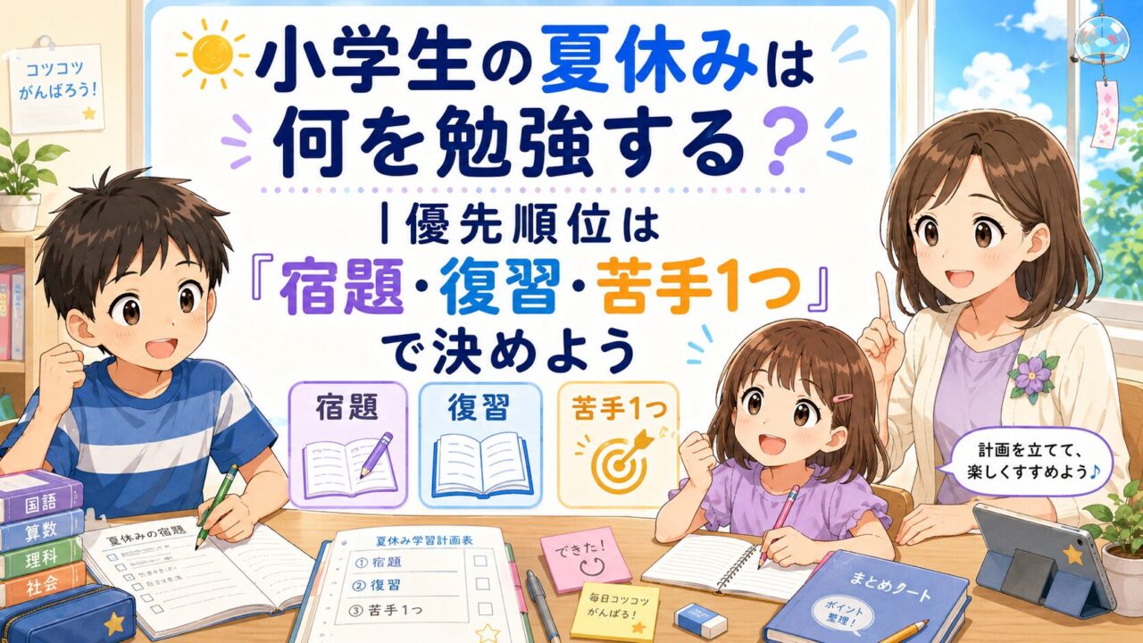 小学生の夏休みに何を勉強するかを宿題・復習・苦手1つの優先順位で示したアイキャッチ画像