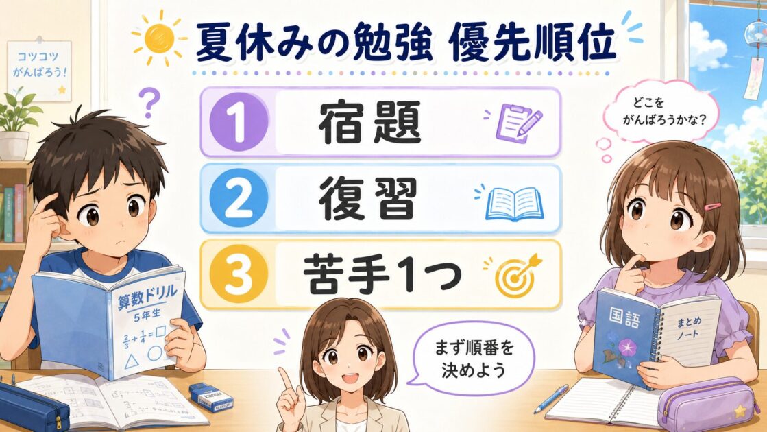 小学生の夏休みの勉強を宿題・復習・苦手1つの優先順位で整理した図