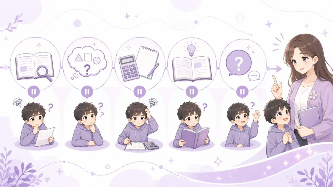 問題文の理解から式、計算、解説、質問作りまで、どこで止まっているかを示した学習停止ポイント図