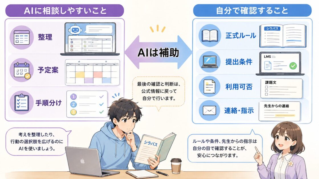 大学生がAIを使って配点や締切を整理しつつ、シラバスやLMSで正式なルールを自分で確認している図