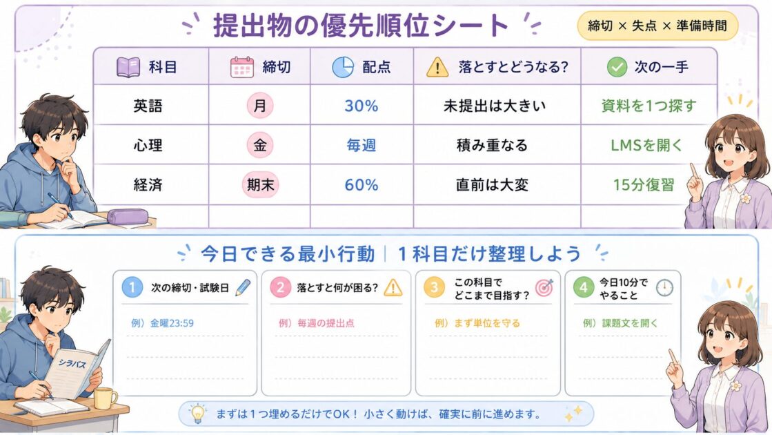 大学生向けに、科目名、締切、配点、未提出時の影響、次の一手を記入できる提出物管理シート