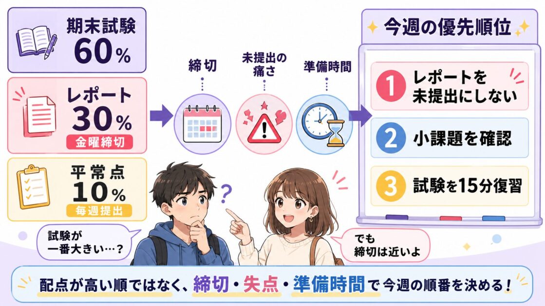 大学の試験60パーセント、レポート30パーセント、平常点10パーセントを比較し、締切と未提出時の影響から今週の優先順位を決める図