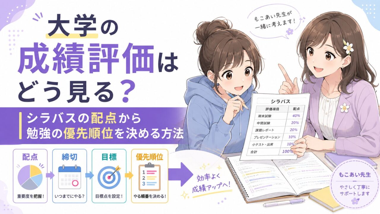 大学生がシラバスの成績評価と配点を確認し、締切や目標から勉強の優先順位を決めるアイキャッチ画像