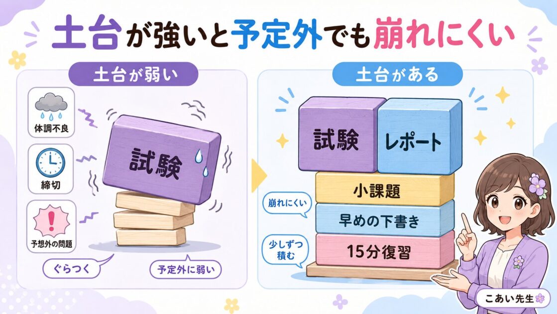 大学の成績評価で、小課題・レポート・短い復習を積み上げた土台が予定外の失点を支える様子を示す図