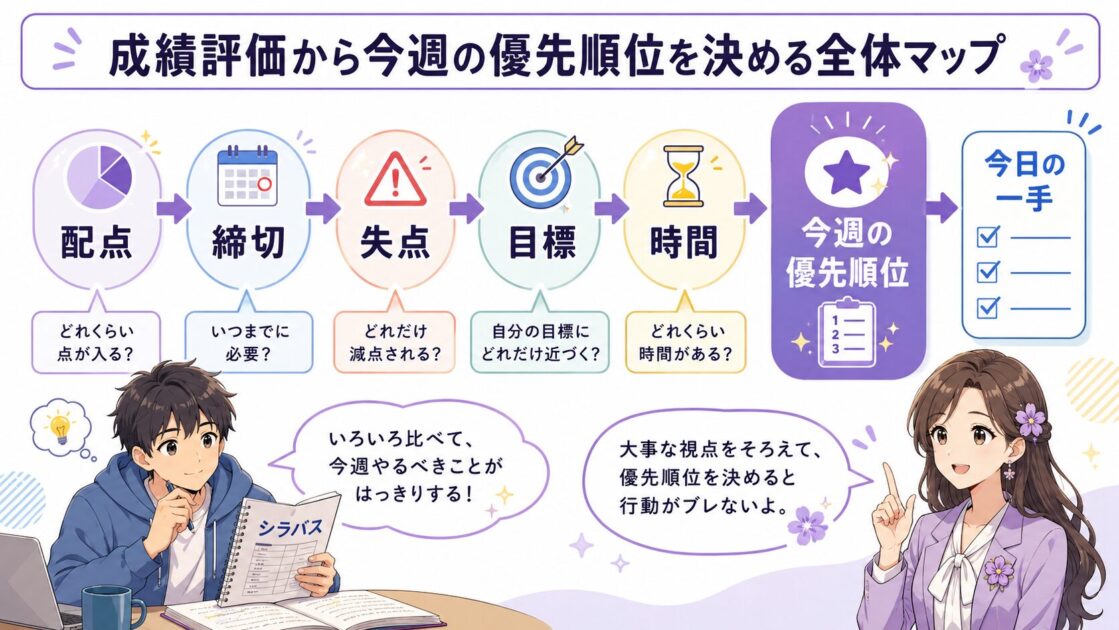 大学の成績評価を、配点・締切・未提出時の影響・自分の目標から今週の優先順位へ変える流れを示す図