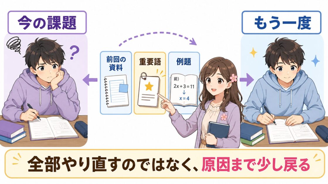 大学生が今の課題でつまずいたとき、前回の授業資料や重要語へ少し戻って理解を整える流れを示す図