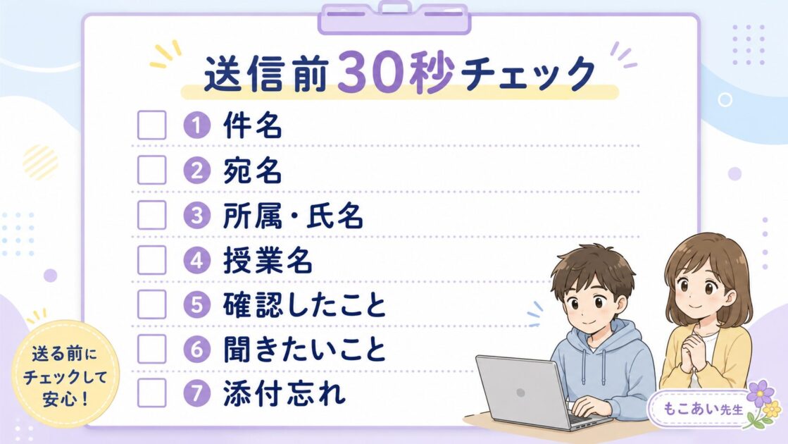 大学の先生へメールを送る前に、件名、宛名、氏名、授業名、用件、添付ファイルを確認する30秒チェックシート