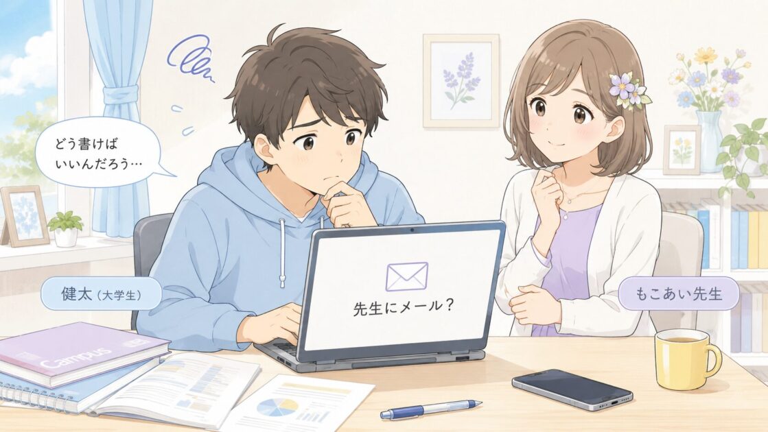大学の先生にメールを送ってよいか迷い、ノートパソコンの前で考え込む大学生と見守るもこあい先生