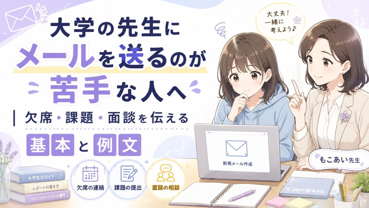 大学の先生にメールを送るのが苦手な学生向けに、欠席・課題・面談の伝え方を学ぶ健太ともこあい先生のアイキャッチ画像