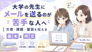 大学の先生にメールを送るのが苦手な学生向けに、欠席・課題・面談の伝え方を学ぶ健太ともこあい先生のアイキャッチ画像
