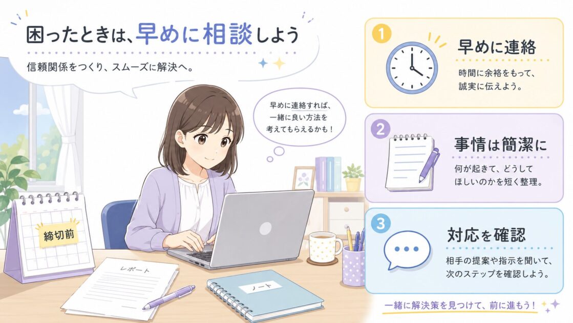 レポートの締切前に、大学生が事情を簡潔に伝えて先生へ相談するメールのポイントを示した図