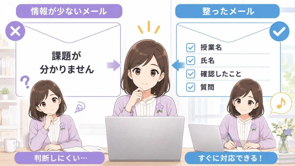 もこあい先生が受け取る側になり、情報が少ないメールと授業名や質問内容が整理されたメールを見比べる図