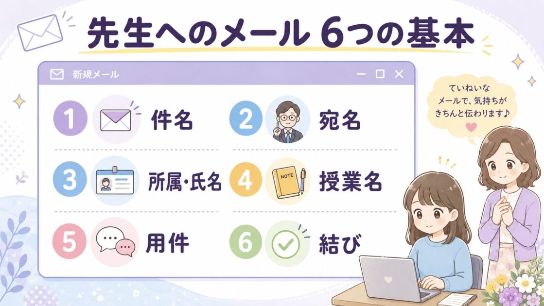 大学の先生へのメールに必要な件名、宛名、所属と氏名、授業名、用件、結びの6項目をまとめた図解