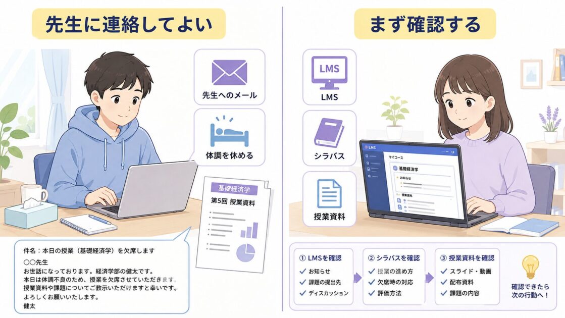 大学生の健太は先生にメールしてよい場面、恵子はまずLMSやシラバスを確認する場面を比較した図