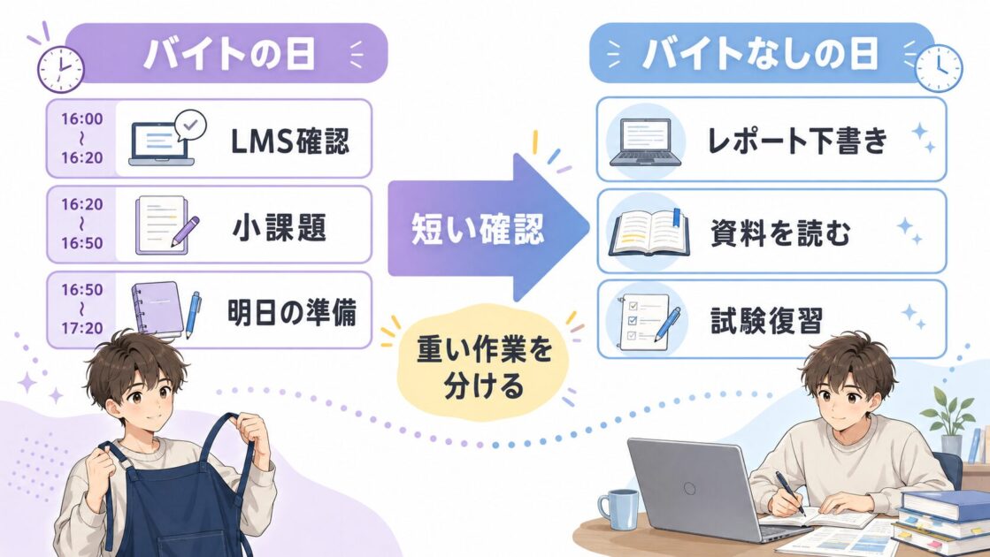 大学生がバイトのある日とない日で、確認作業とレポートや試験勉強を分けている週間スケジュール図