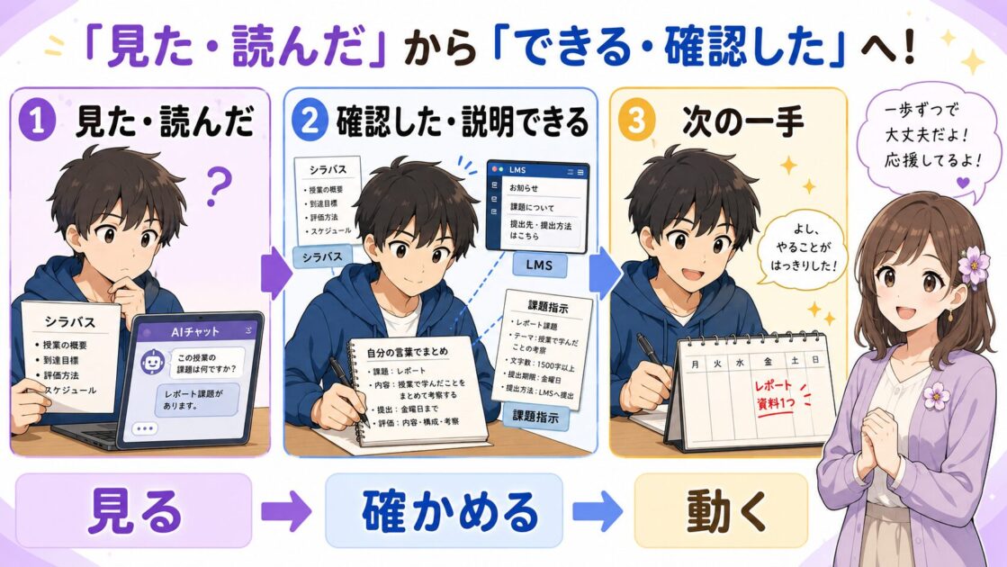 大学生がシラバスやAIの説明を読むだけでなく、自分の言葉で説明し、カレンダーへ次の行動を入れる流れを示す図