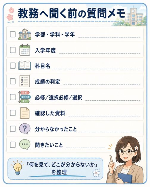 学部、入学年度、科目名、成績判定、確認した資料、分からなかったこと、教務へ聞きたいことを整理する質問メモ