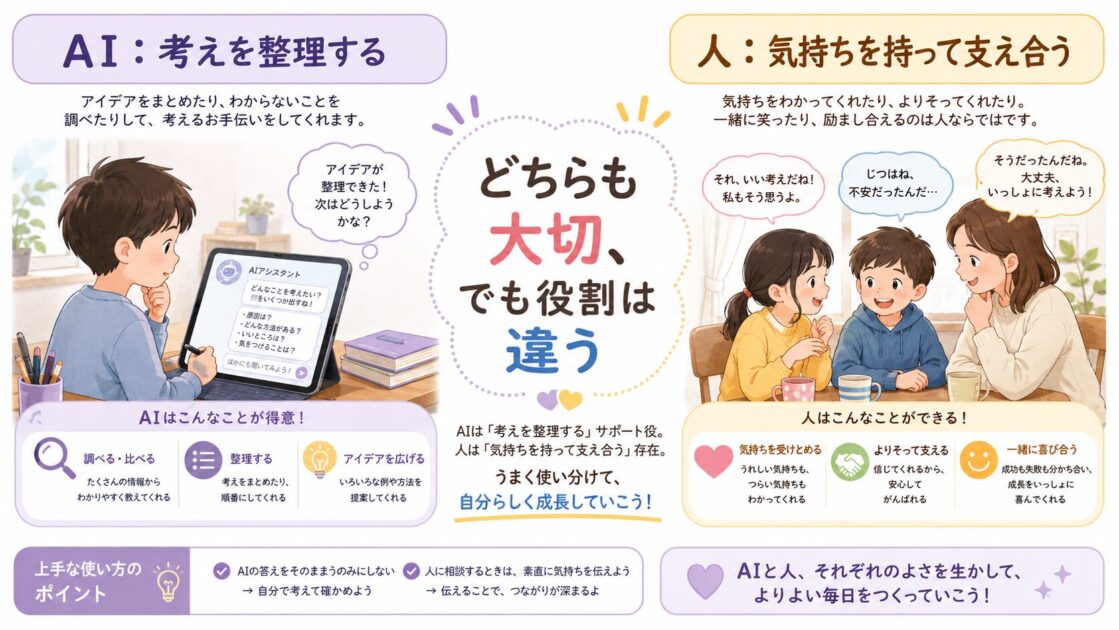 AIに話しかけて考えを整理することと、人間の友だちや家族と支え合うことの違いをやさしく説明した図解