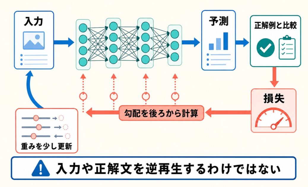 入力から予測と損失を求め、勾配を後ろから計算して重みを更新する学習ループ