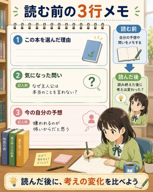 読書感想文の本を選んだ後に書く、選んだ理由・問い・予想の3行メモ