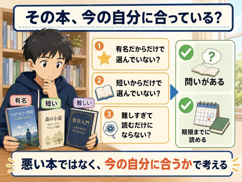 有名・短い・難しいという理由だけでなく、今の自分に合う本か確認する図
