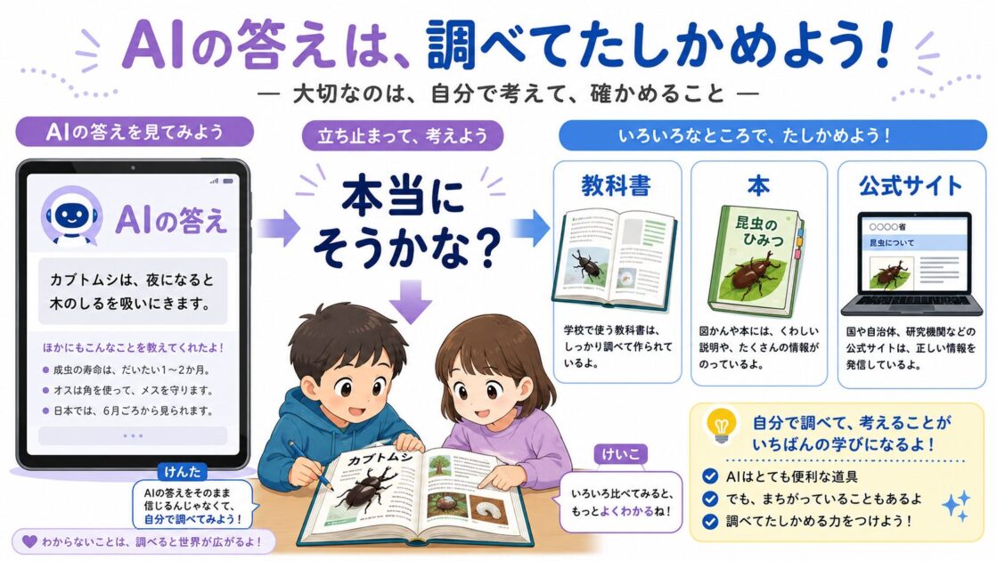 AIの答えをそのまま信じず、教科書、本、公式サイトで確かめる子どものための確認3ステップ図解