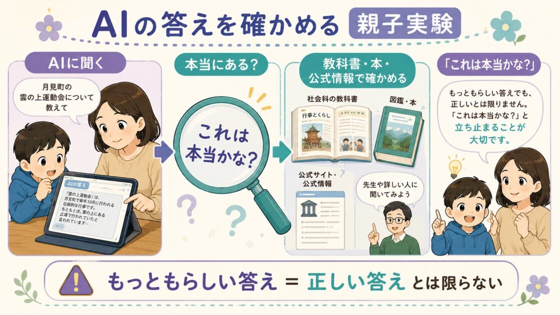 小学生と保護者が、実在しない架空の行事についてAIに質問し、AIの答えを確かめている親子実験の図