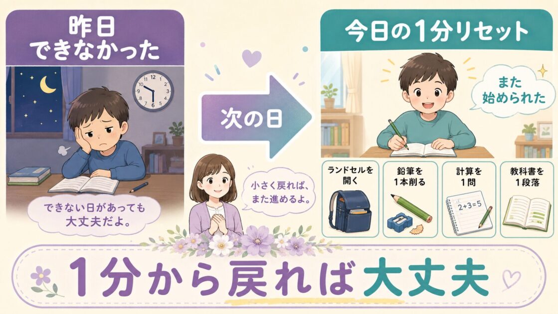 夏休み明けに10分勉強できなかった小学生が、ランドセルを開く、鉛筆を削る、計算1問などの1分リセットから戻る図