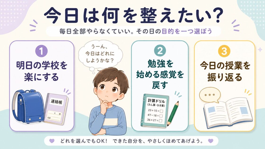夏休み明けの小学生が、明日の準備、短い勉強、学校の振り返りから、その日の目的を一つ選ぶ図