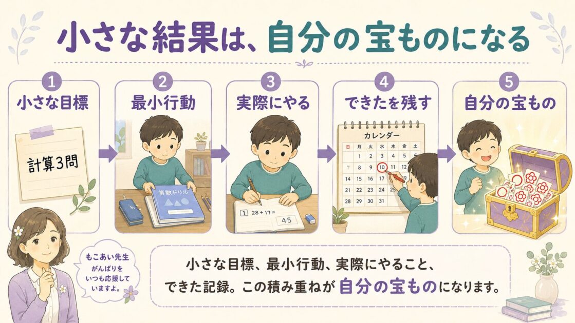 小学生が小さな目標を決め、最小行動を行い、できたことを記録して成功体験を宝ものにする流れを示した図