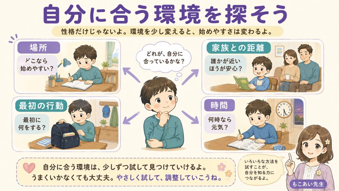 小学生が勉強しやすい場所、時間、始め方、家族との距離を確かめている学習環境チェックの図