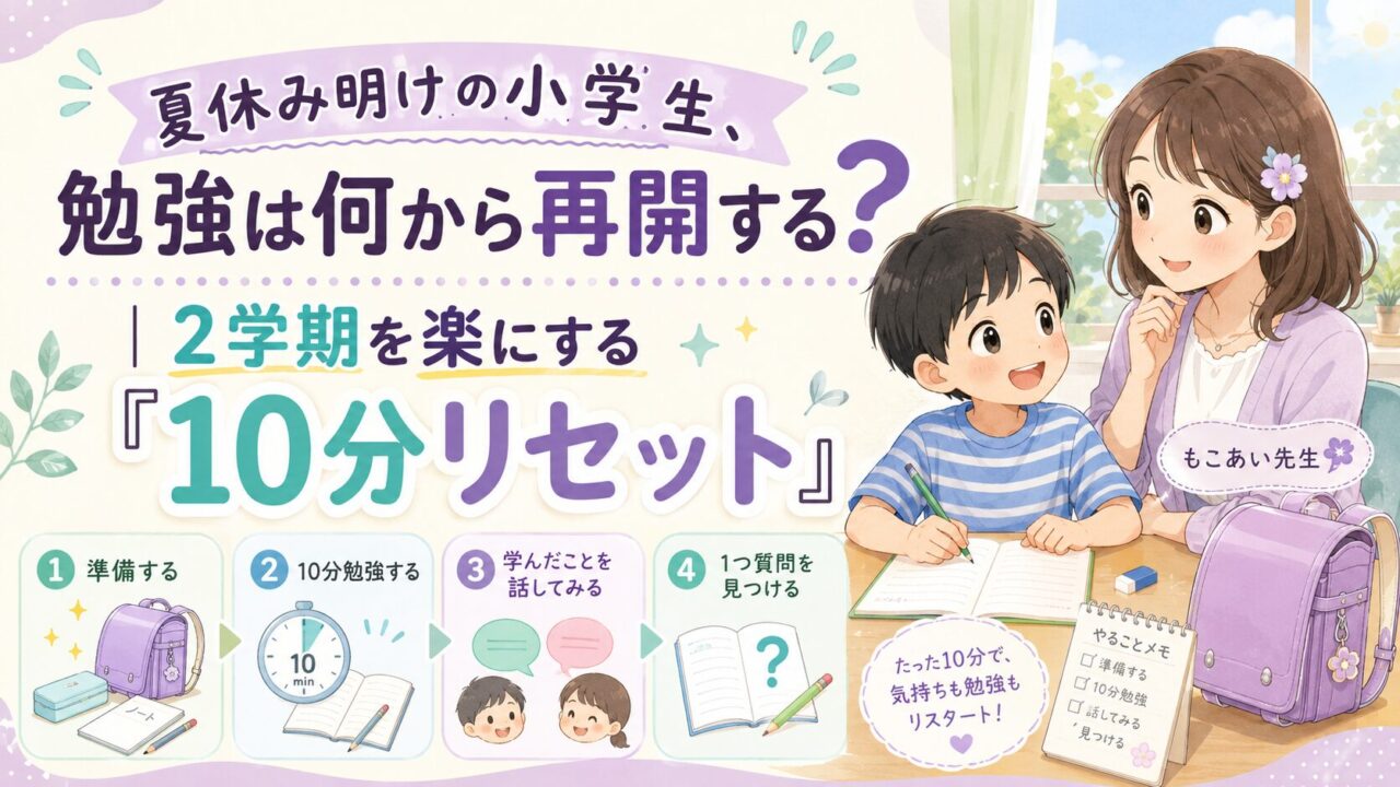 夏休み明けの小学生が、もこあい先生と一緒に明日の準備、短い勉強、振り返りを通して2学期の学習を再開するアイキャッチ画像
