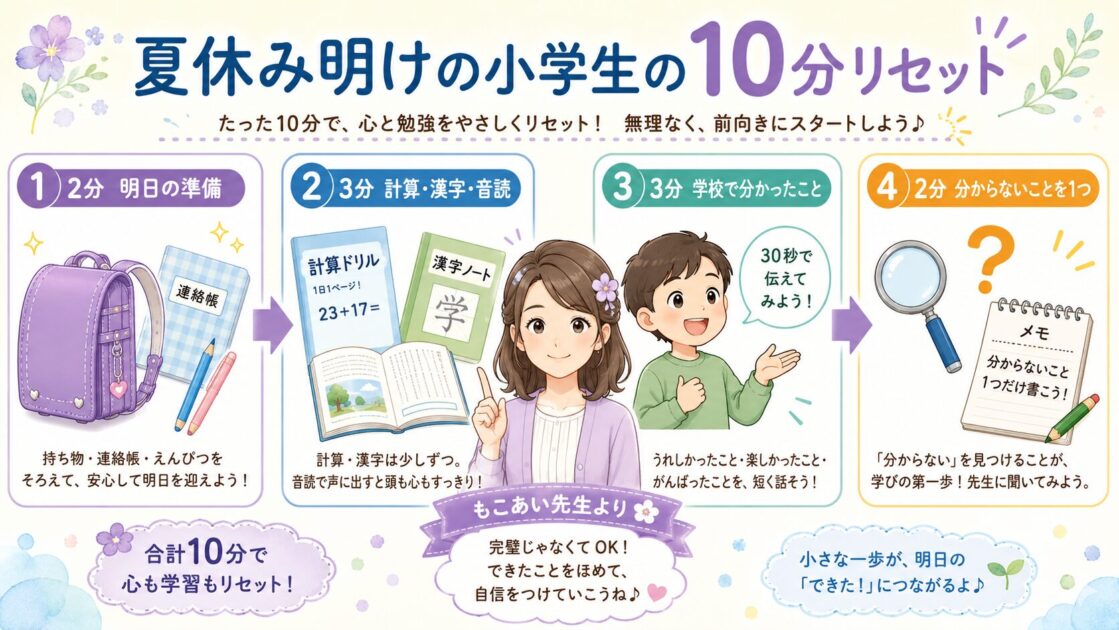 夏休み明けの小学生向けに、明日の準備、短い学習、学校で分かったことを話す、分からないことを見つける4つの10分リセットを示した図