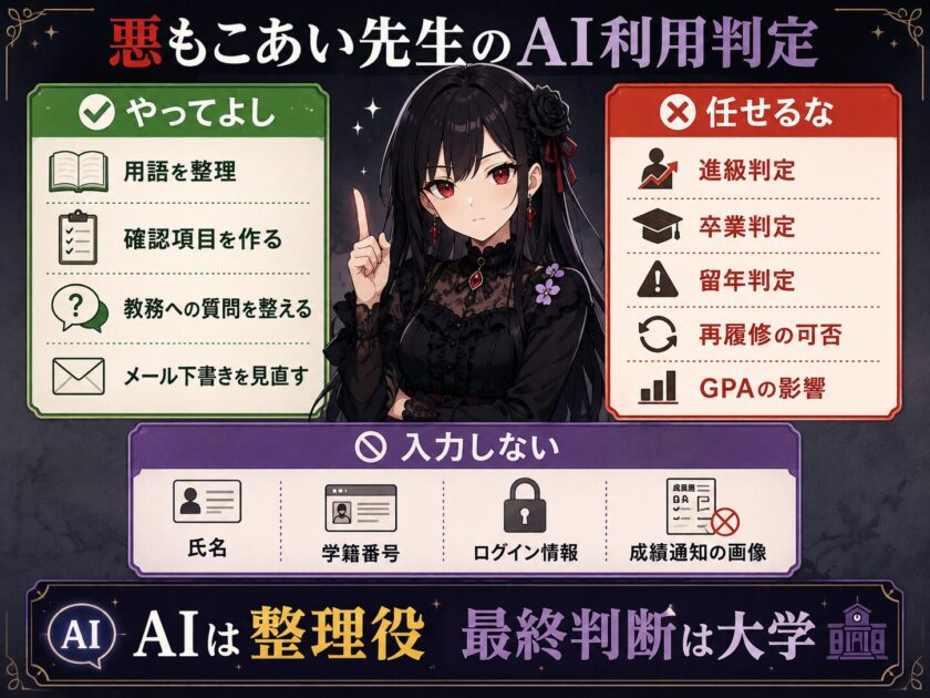 悪もこあい先生が、AIで整理してよいことと、進級・卒業などAIへ任せてはいけない判断、入力しない個人情報を説明する図解