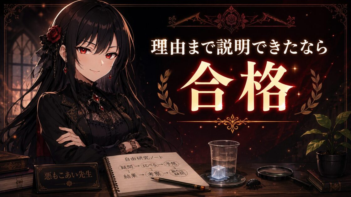 悪もこあい先生が理由まで説明できた読者へ合格を伝える場面