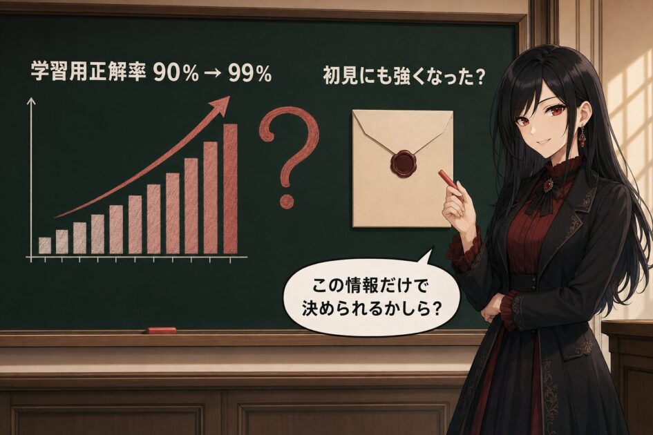学習用正解率が90％から99％に上がっただけで初見にも強くなったと判断できるかを問う悪もこあい先生